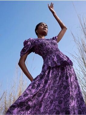Banjanan Purple Floral Puff-Sleeve Tiered Maxi Dress